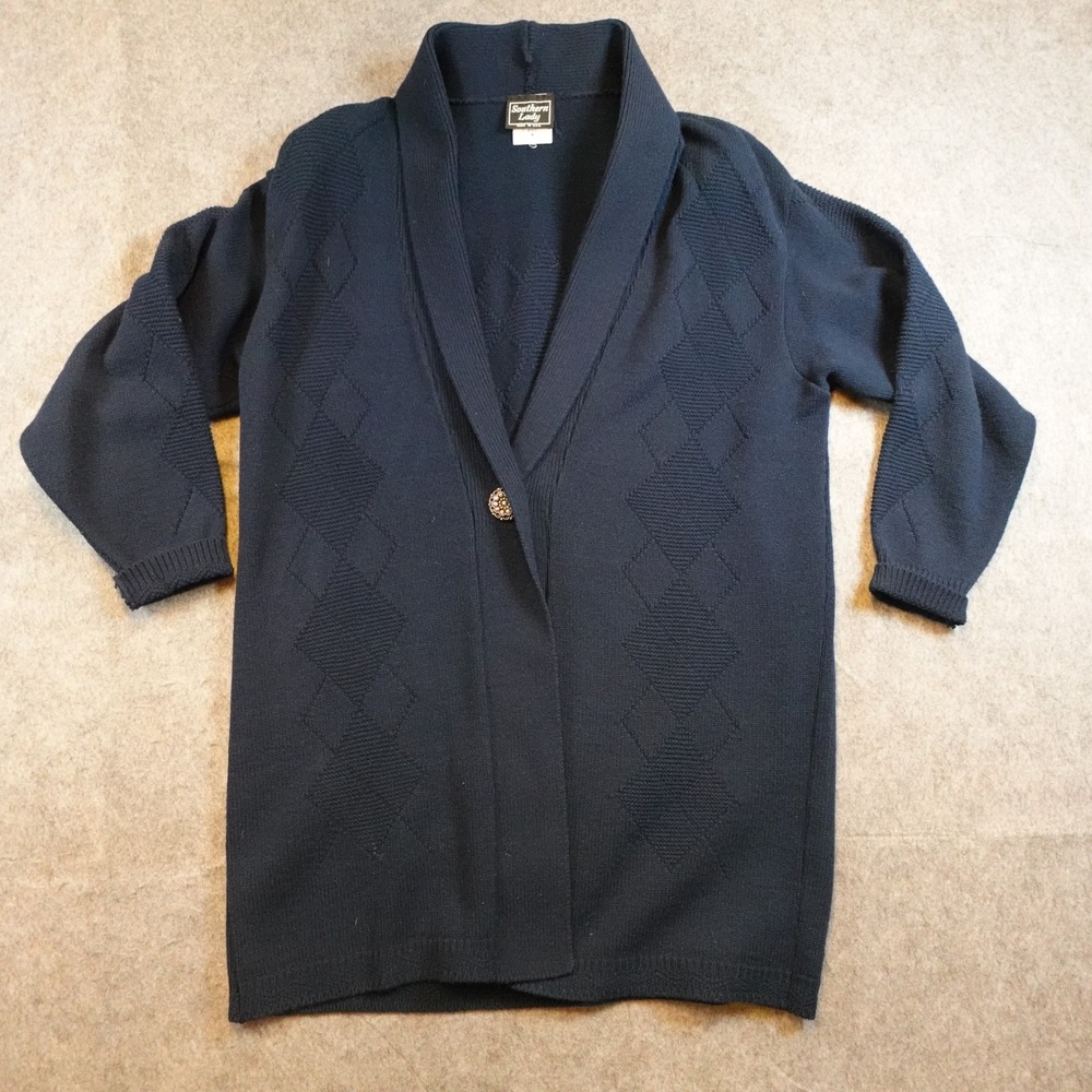 Vintage Southern Lady Cardigan Women Medium Navy Blue Argyle Knit Longline USA